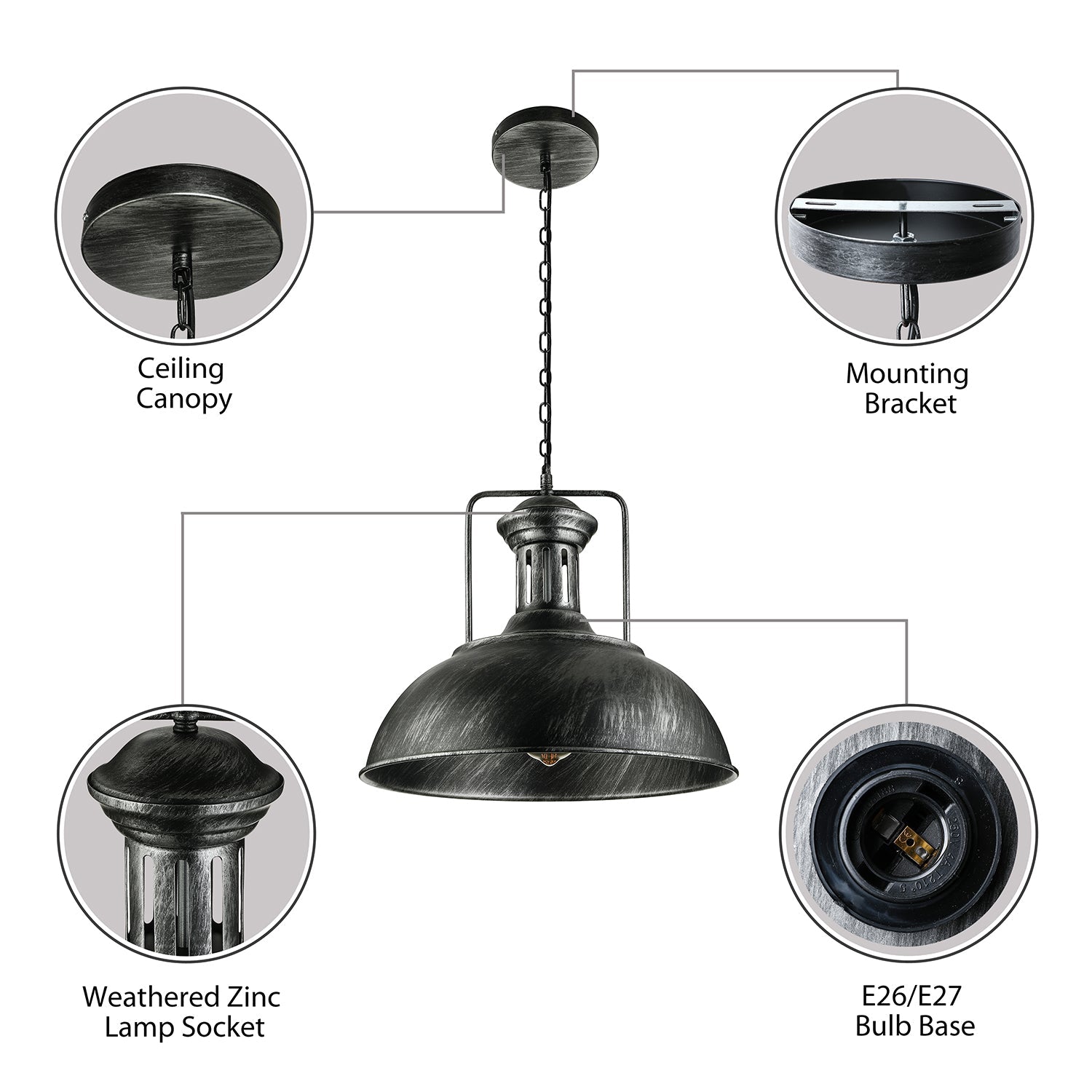 Rustic Metal Bowl Pendant Light - 1-Light, 13"/16" Dia