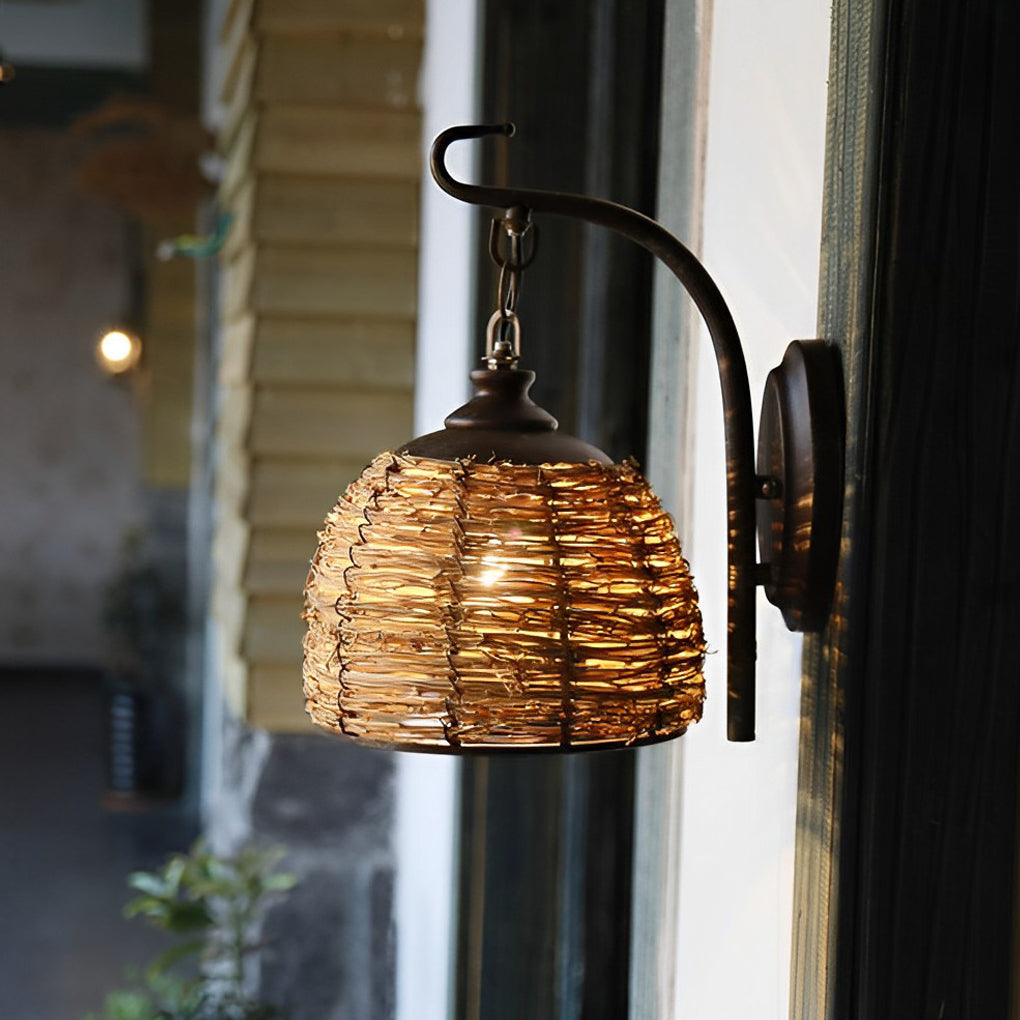Hand-Woven Rattan Rustic Wall Sconce with Iron Frame