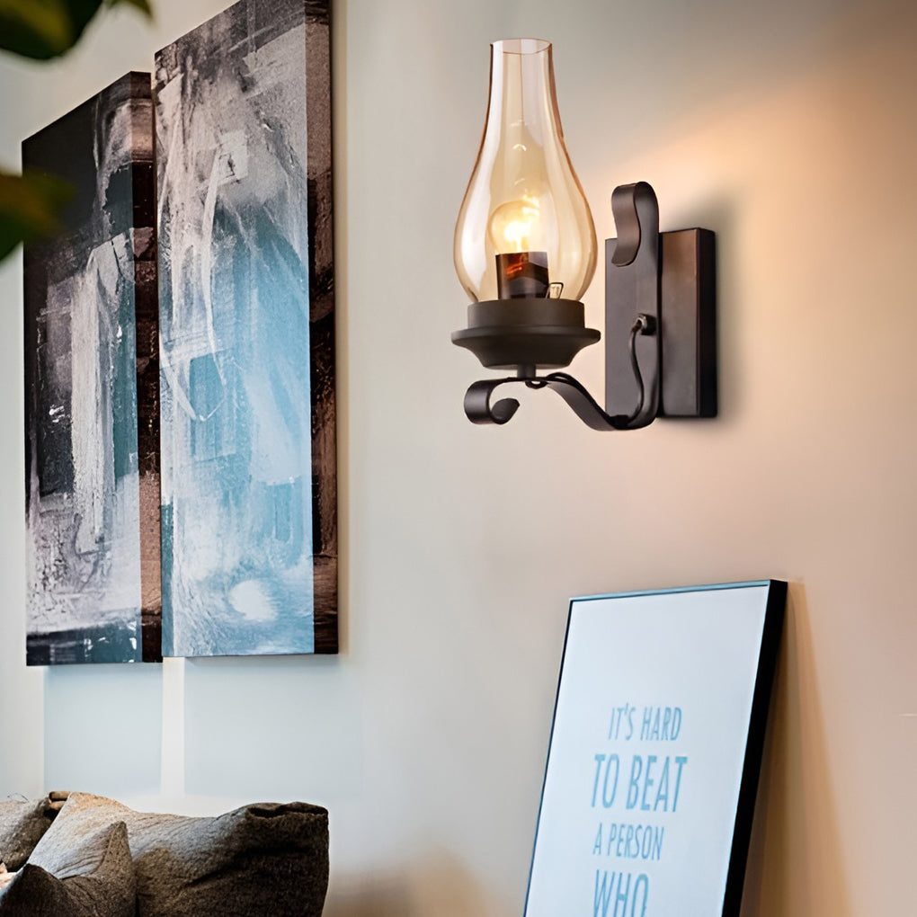 Industrial Glass Wall Sconce with E27 Socket – Black Metal Finish