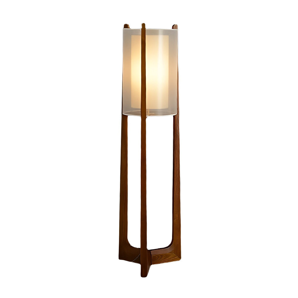 Rustic Wood Triangle Floor Lamp with Double Fabric Shade LED