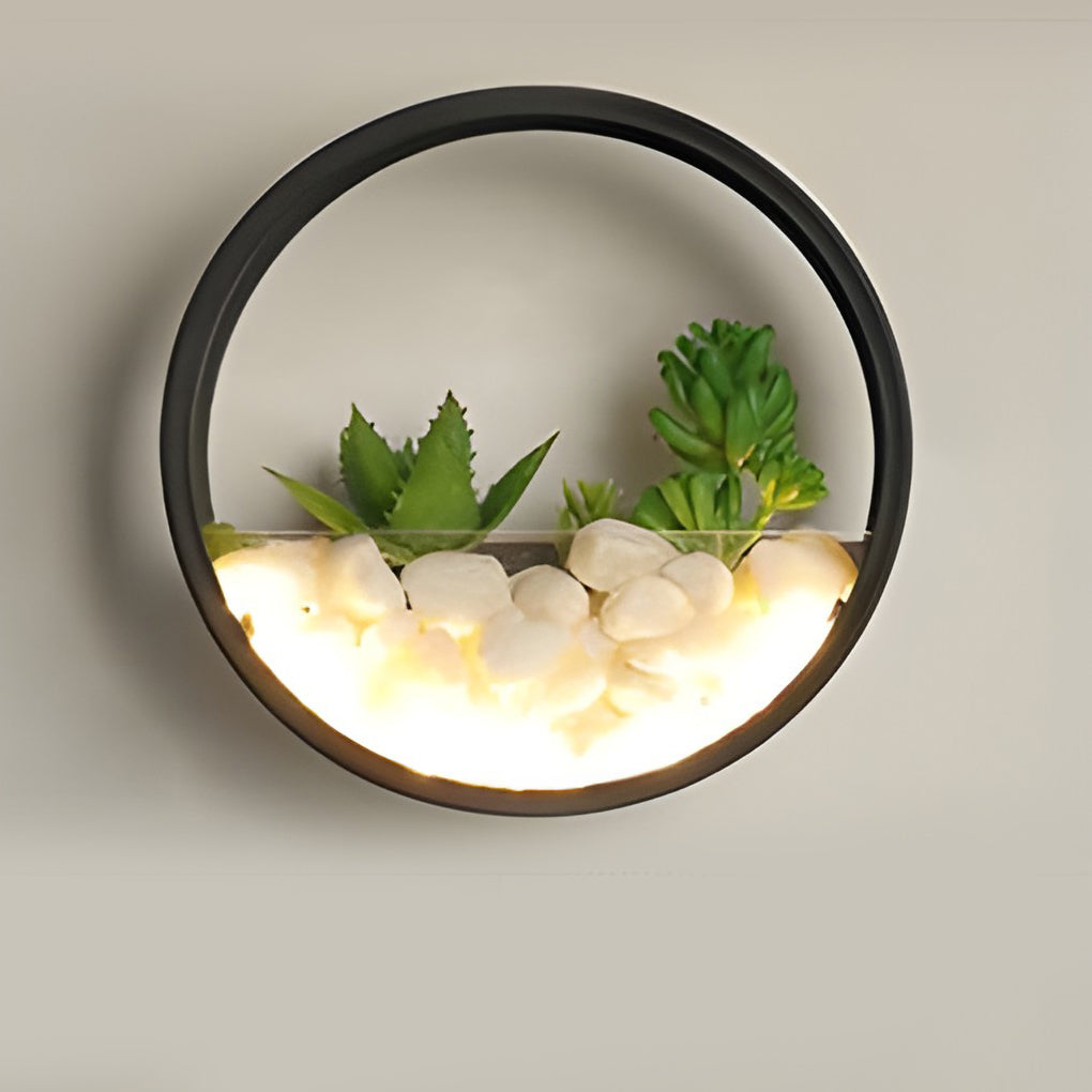 Modern Round Outdoor Wall Light with Stones & Greenery – LED 18W