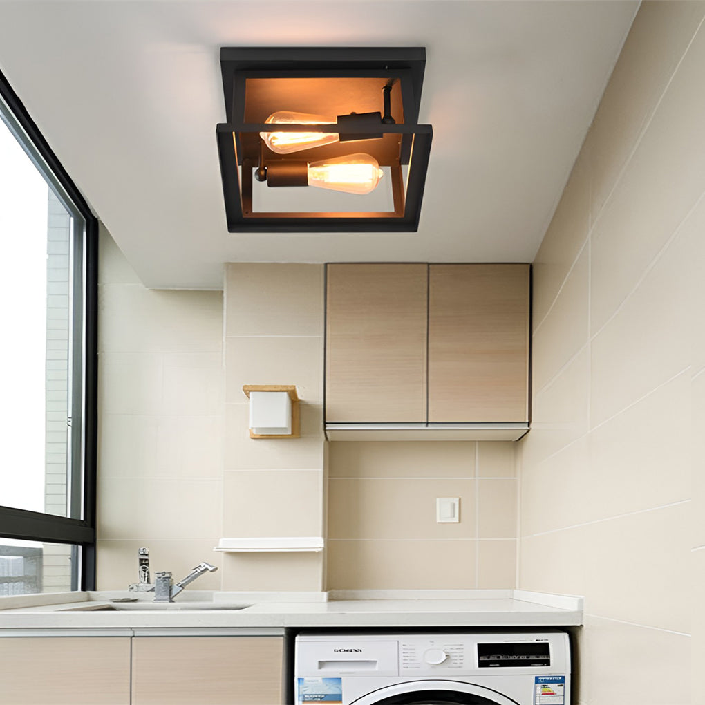 Square Industrial Flush Mount Ceiling Light – Black Metal Frame