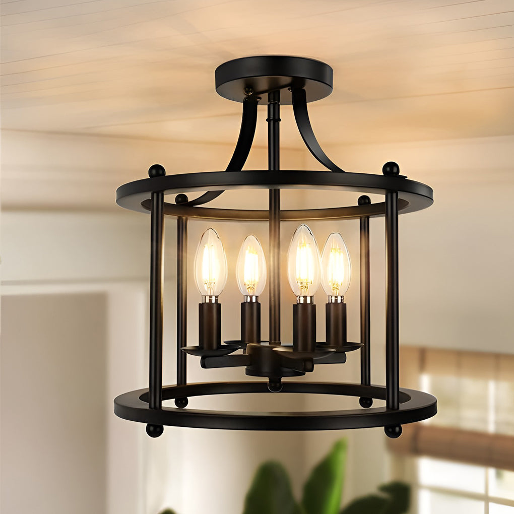 Industrial Metal Lantern Semi-Flush Ceiling Light in Black