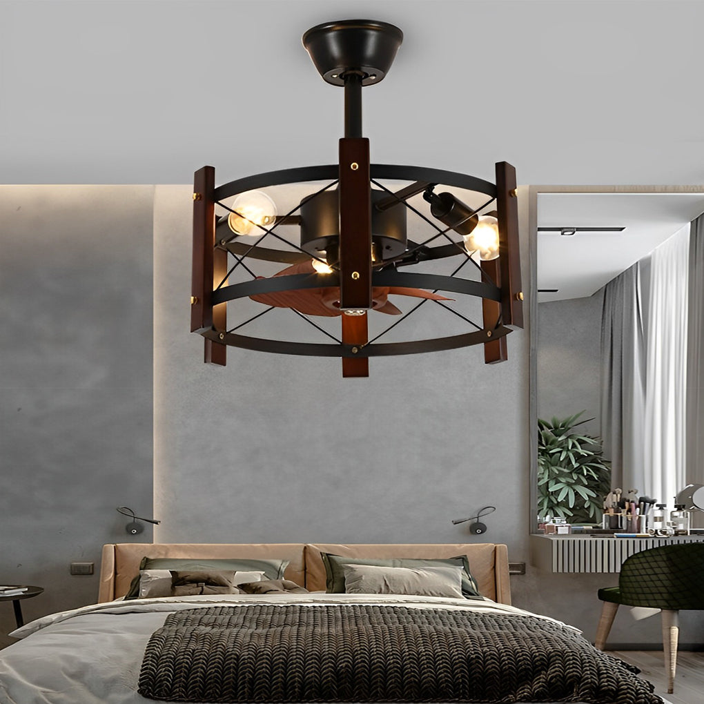 Industrial Caged Ceiling Fan with Light - Black Metal Farmhouse