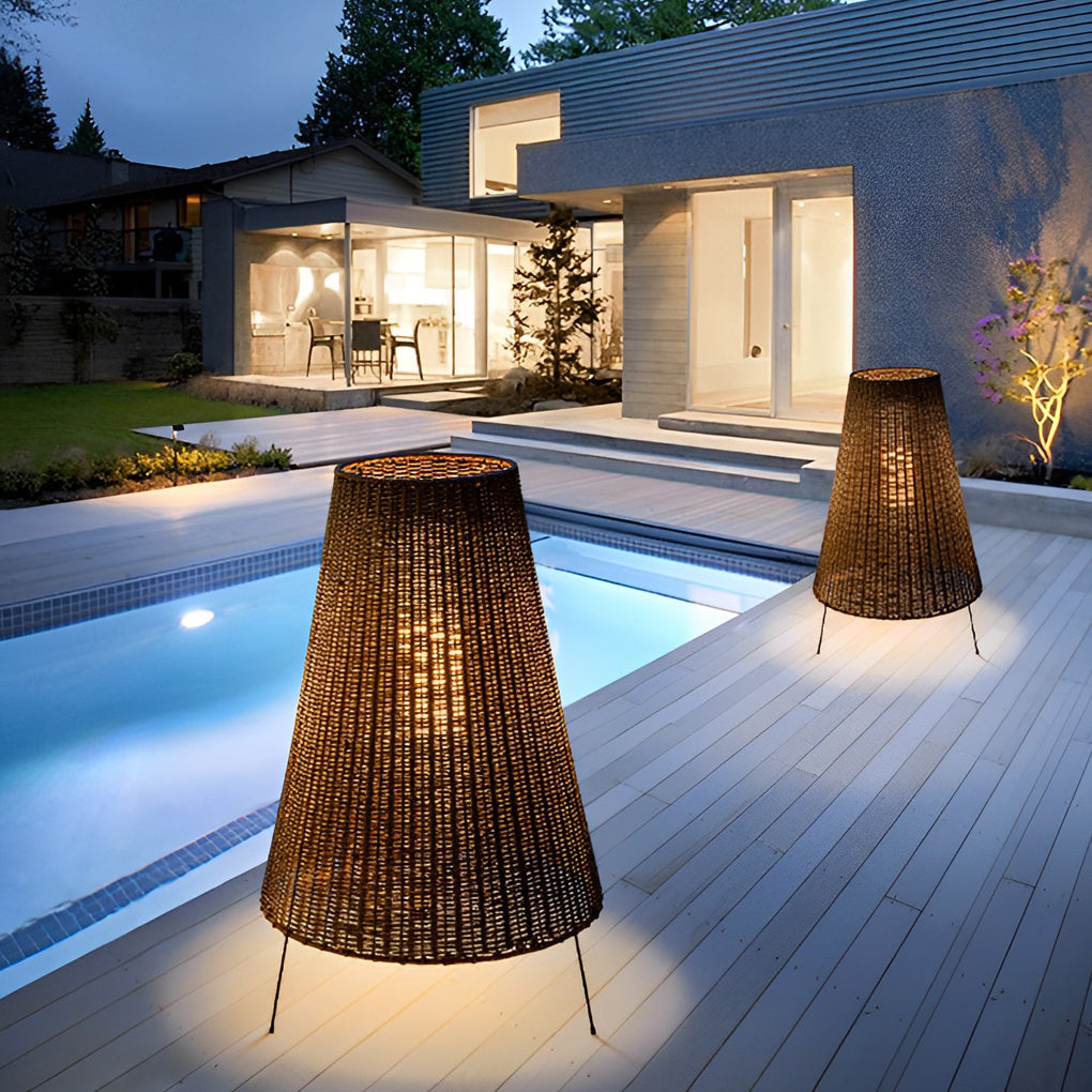 Rattan Tripod Outdoor Floor Lamp with Integrated LED