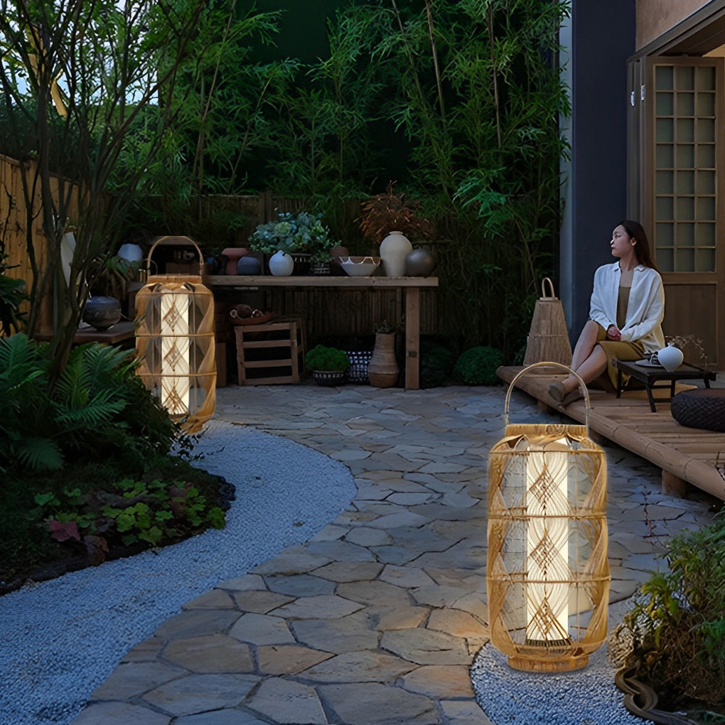 Rattan Solar Floor Lamp with Portable Handle for Outdoor Garden