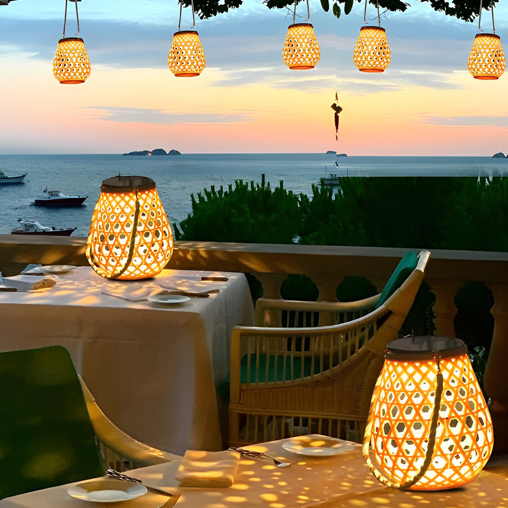 Portable Solar LED Outdoor Lantern Rustic Bamboo Style Hemp Rope