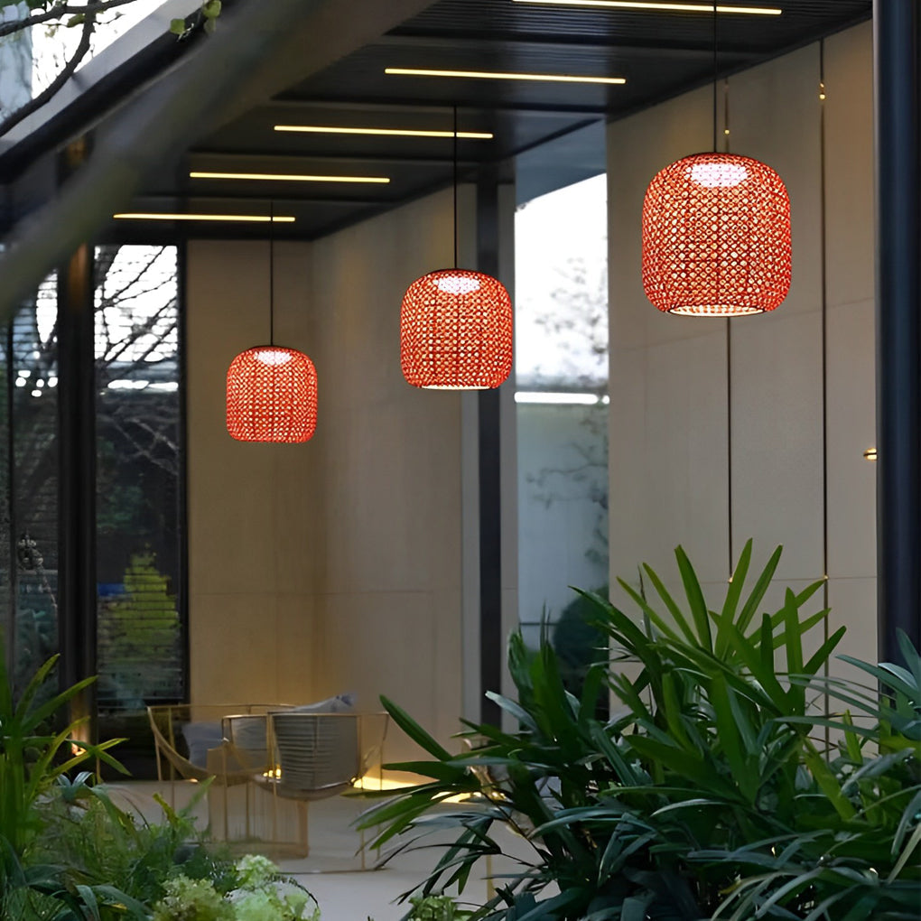 Waterproof LED Rattan Lantern Outdoor Pendant Light - Red