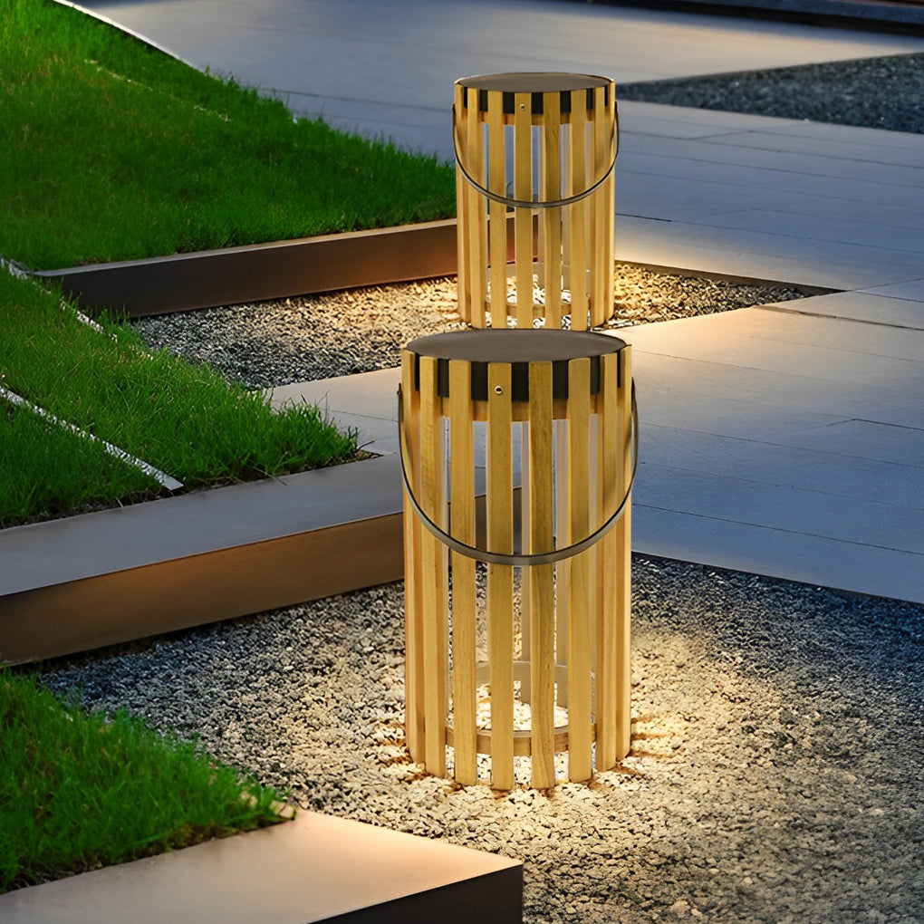 Solar Wooden Lantern Floor Lamp with Aluminum Handle - Waterproof