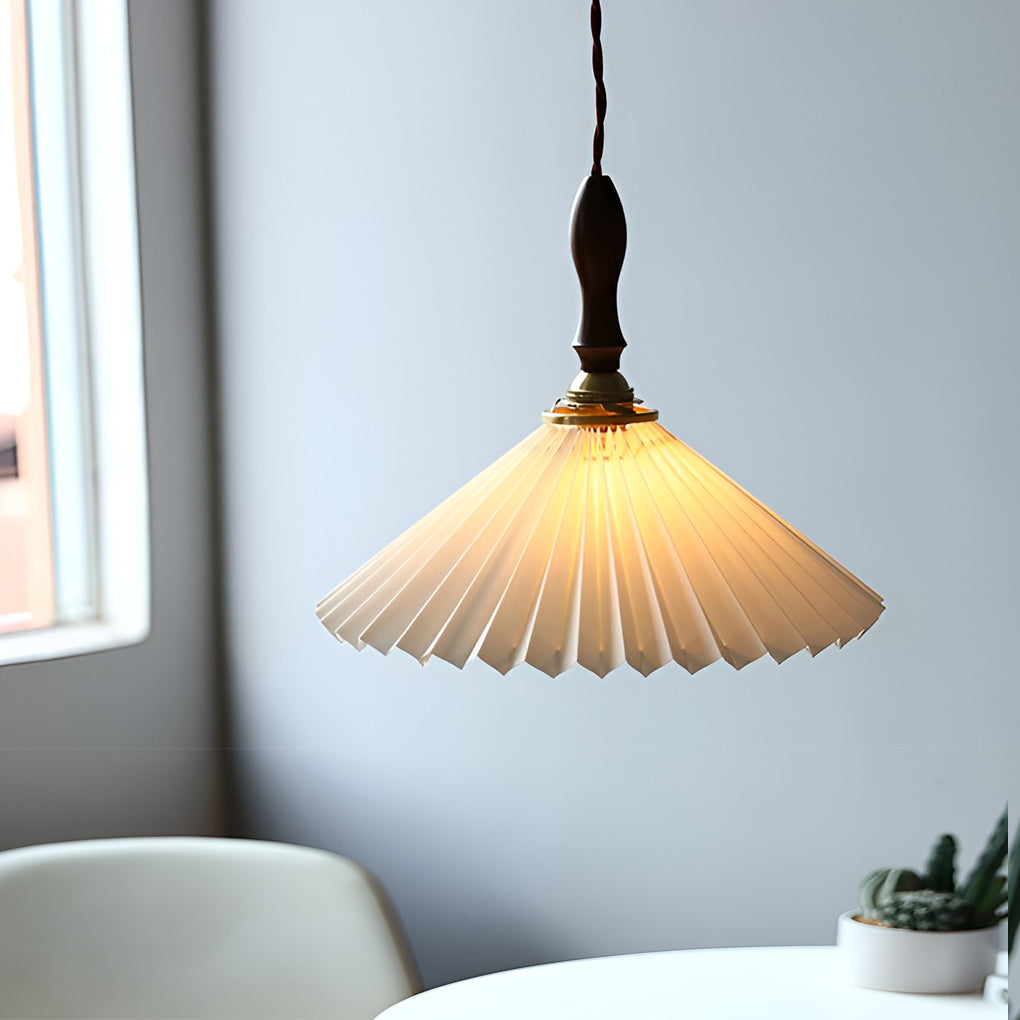 Nordic Pleated Pendant Light with Walnut Wood and Copper Accent