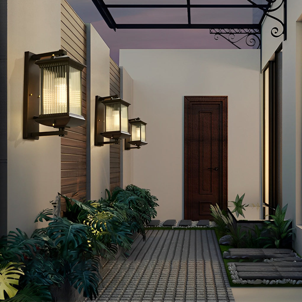 Retro Glass Shade Outdoor Waterproof Wall Light - Brown Aluminum