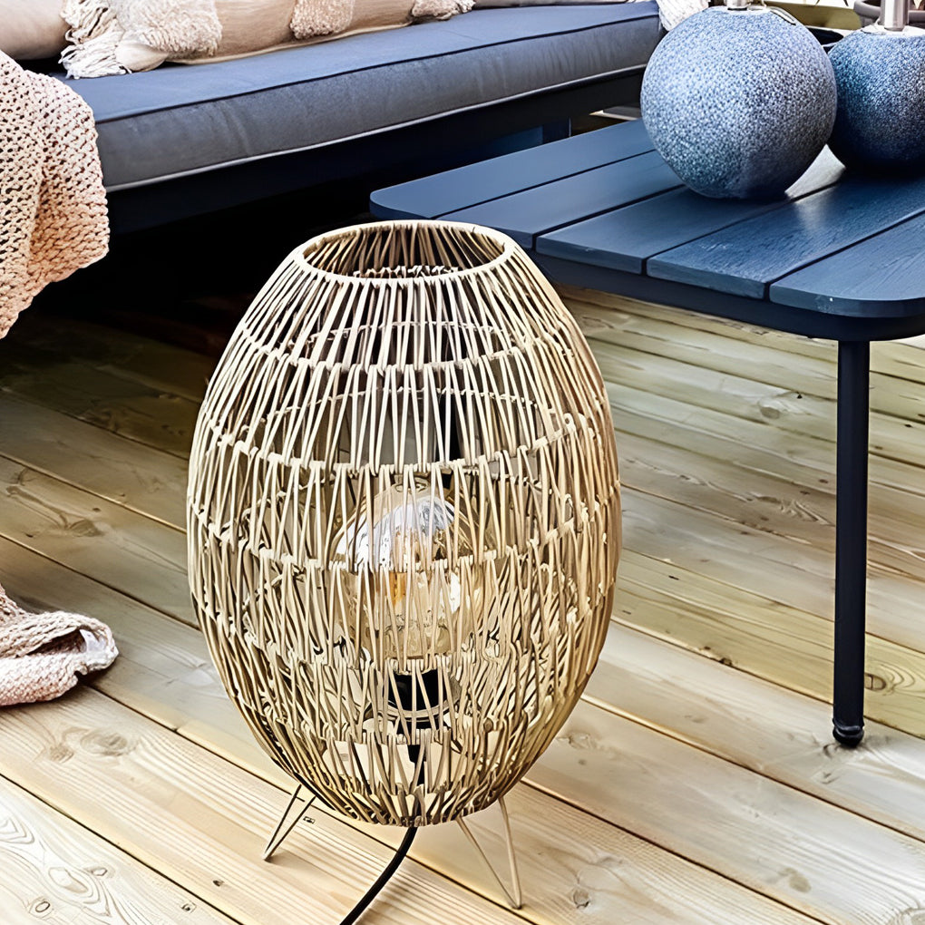 Handwoven Rattan Oval Cage Outdoor Floor Lamp - Rustic Modern