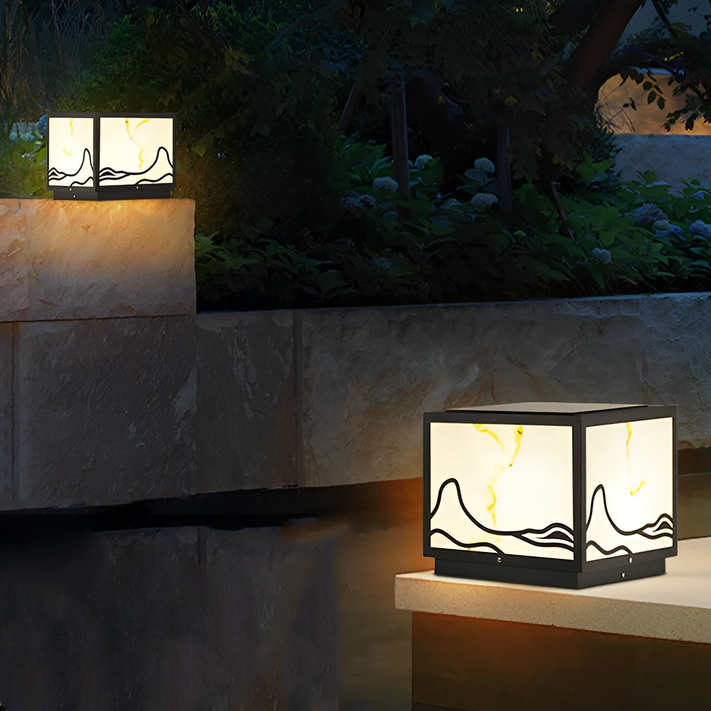 Modern Solar LED Post Cap Light with Mountain Scenery Design