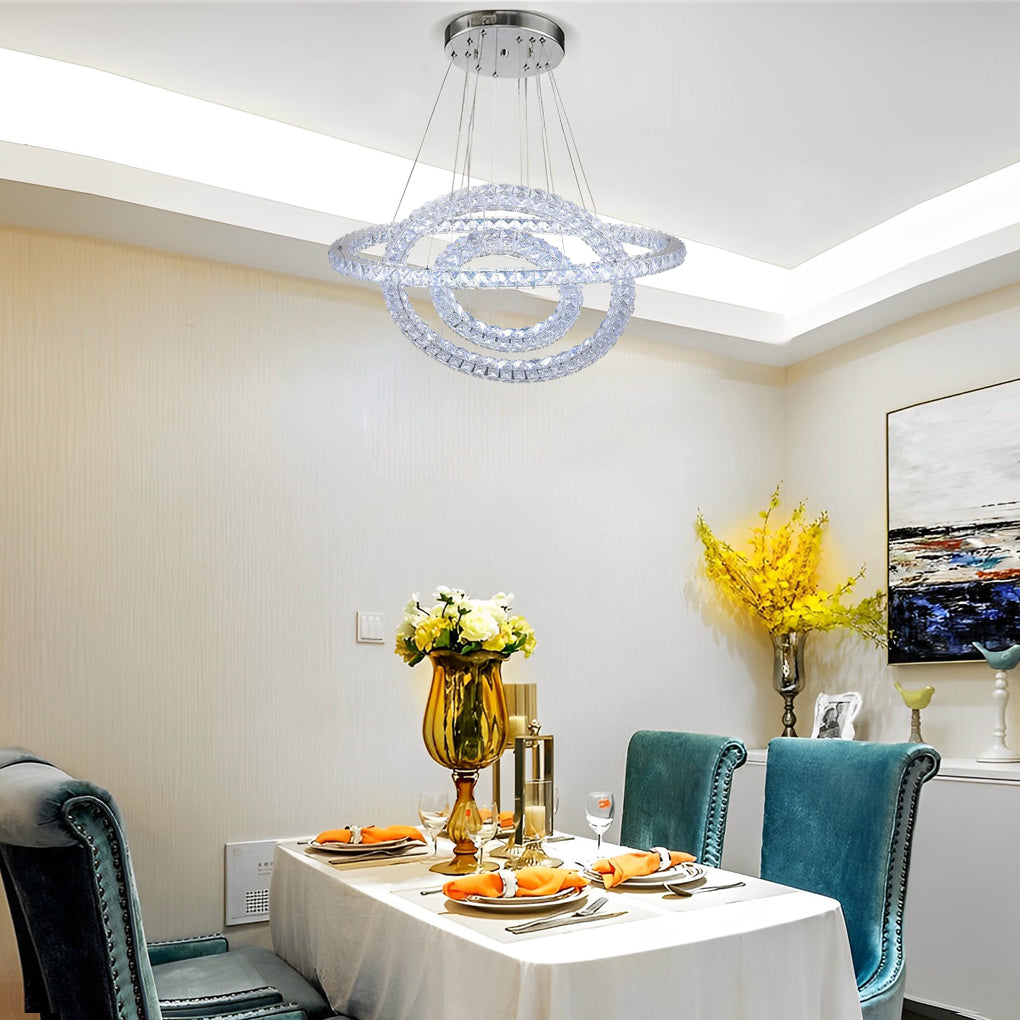 Crystal LED Chandelier 3-Tier Modern Geometric Ring Pendant Light
