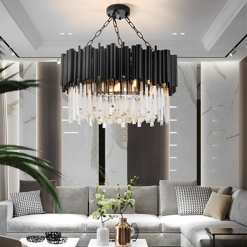 Modern Black Crystal Chandelier with Circular Metal Frame