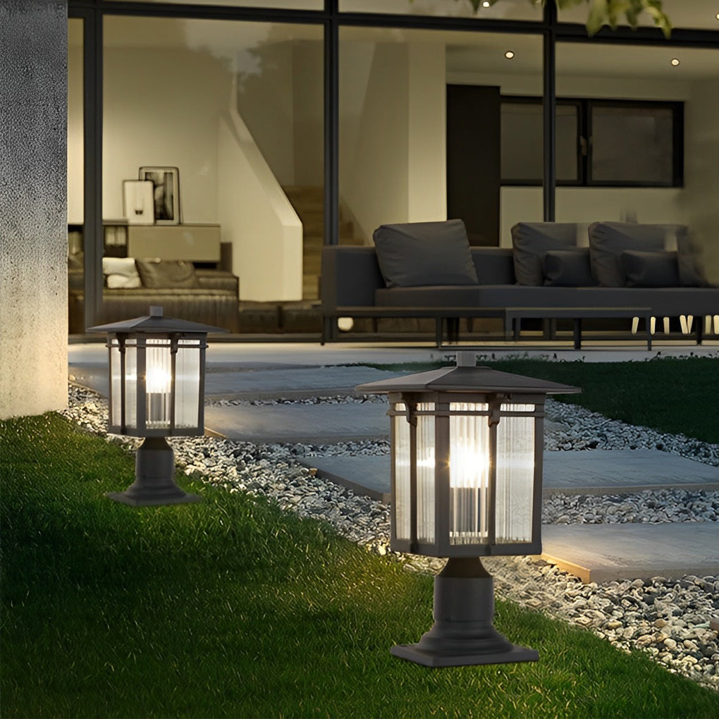 Striped Glass Shade Modern Outdoor Post Light Black Aluminum