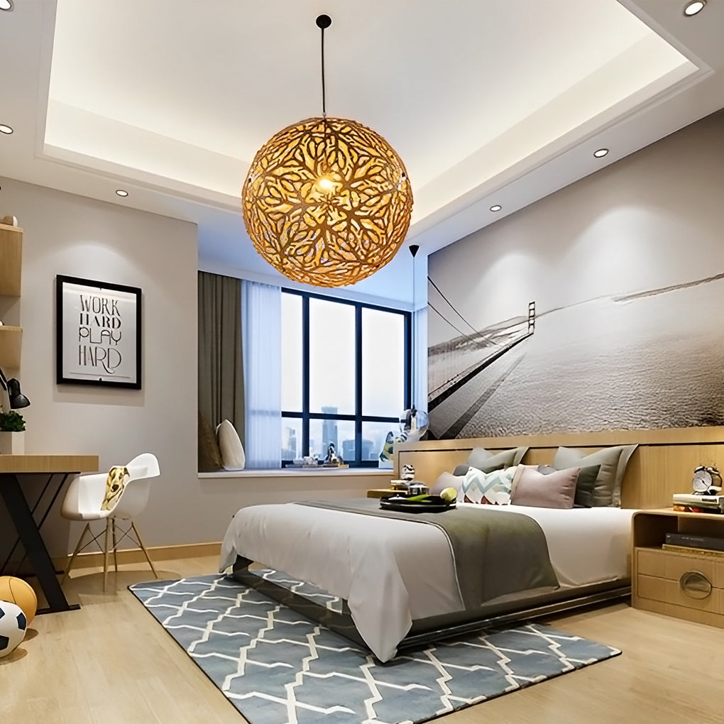 Handmade Hollowed Ball Basswood Pendant Light Modern Chandelier