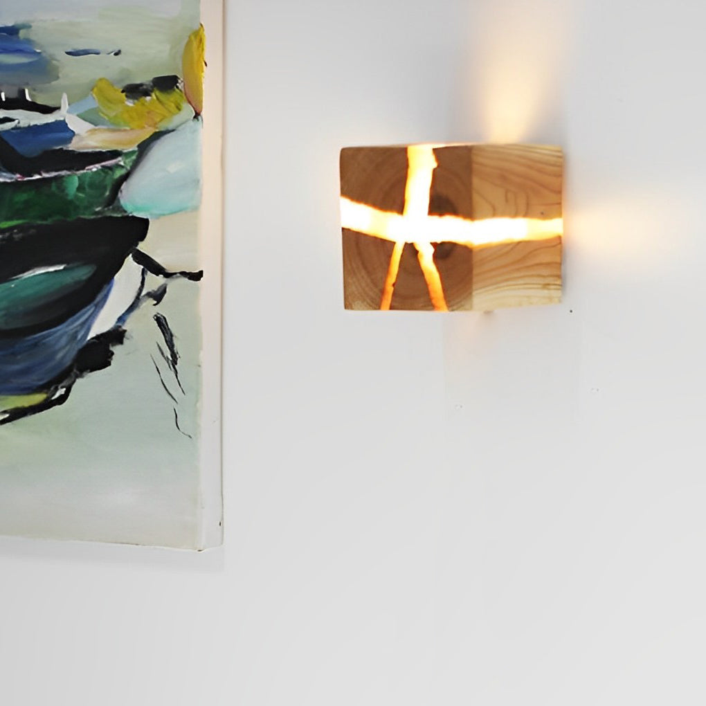 Rustic Wood Grain Square Wall Sconce with Cracked Design