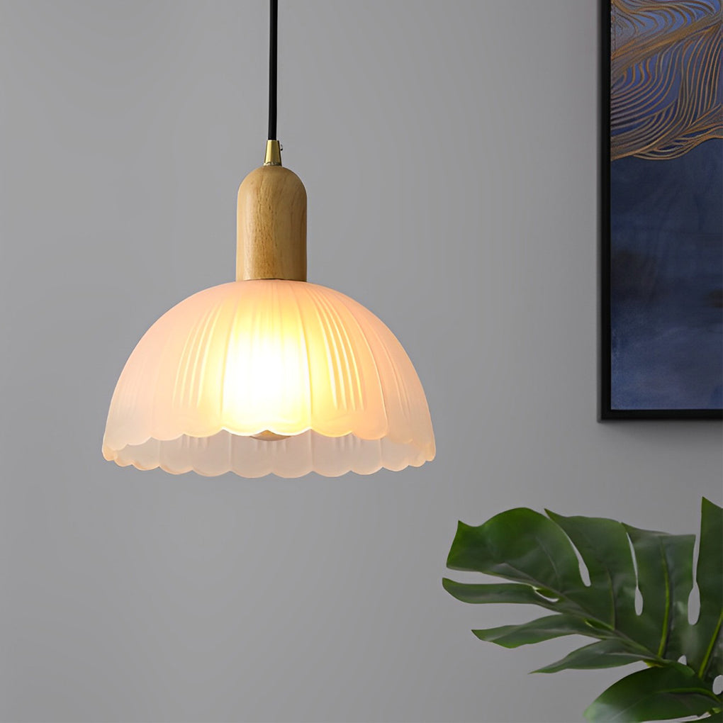 Modern Floral Glass & Wood Pendant Light - Nordic Hanging Lamp