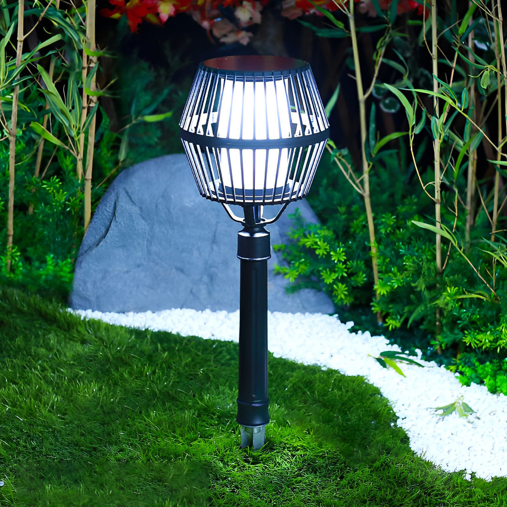 Matte Black Solar Caged Lantern - Modern Outdoor Landscape Light