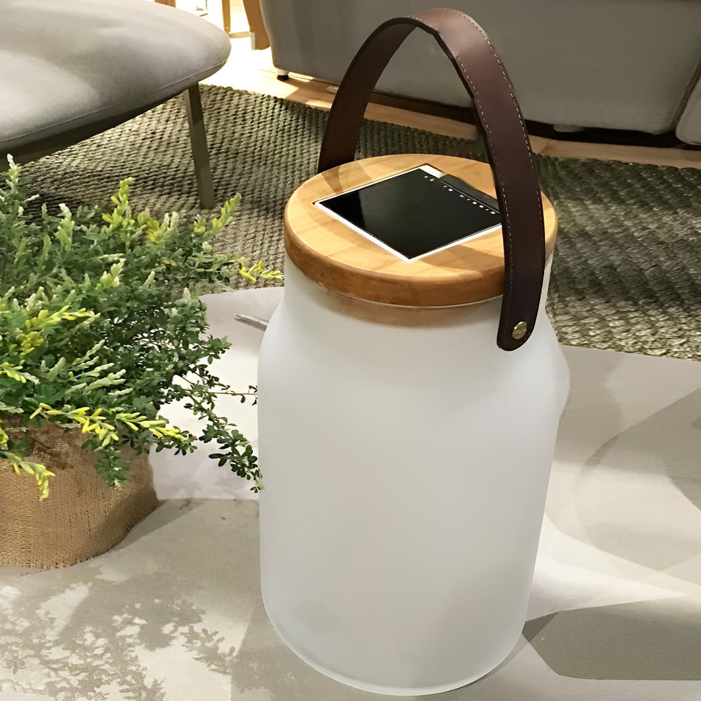 Solar LED Outdoor Lantern - Teak Wood & Glass Jar Design