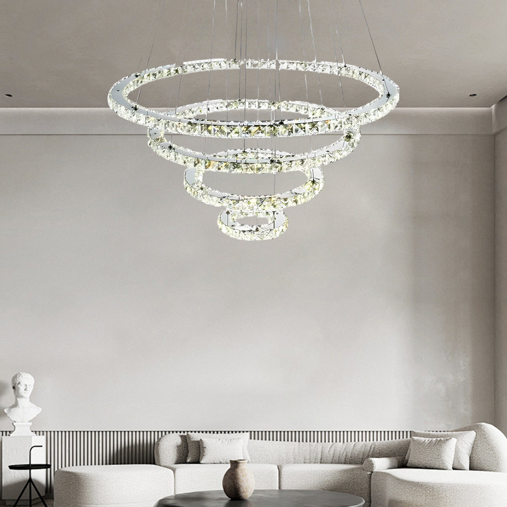 4-Tier Crystal Ring Chandelier - Modern LED Pendant Light