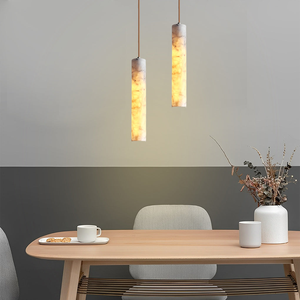 Elongated Cylindrical Marble Minimalist Pendant Light