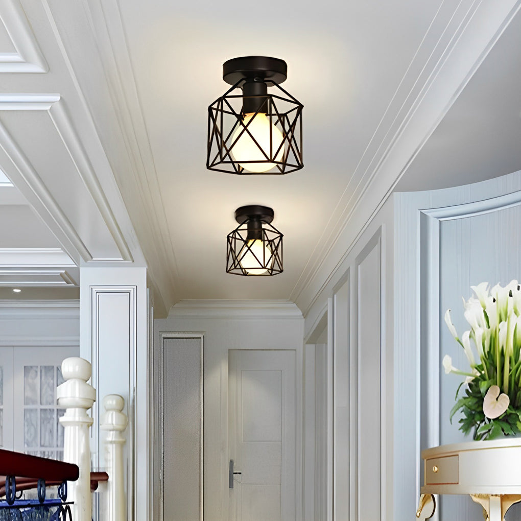 Black Metal Wire Frame Semi-Flush Mount Ceiling Light Industrial