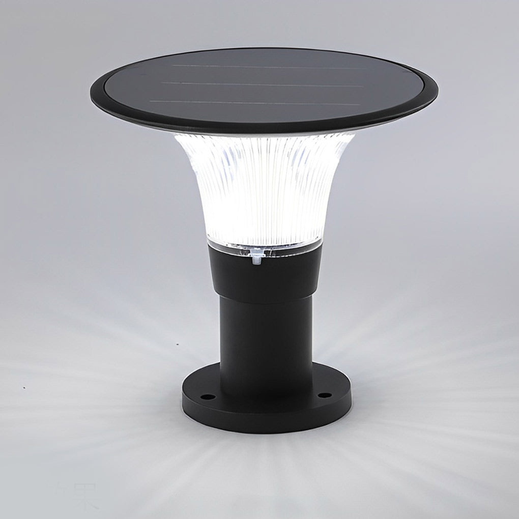 Round Solar Fence Post Light - Modern Black Aluminum Outdoor Pillar