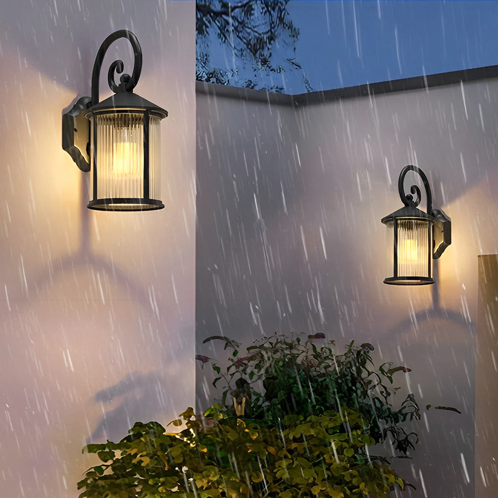 Black Aluminum Outdoor Wall Light with Striped Glass Shade