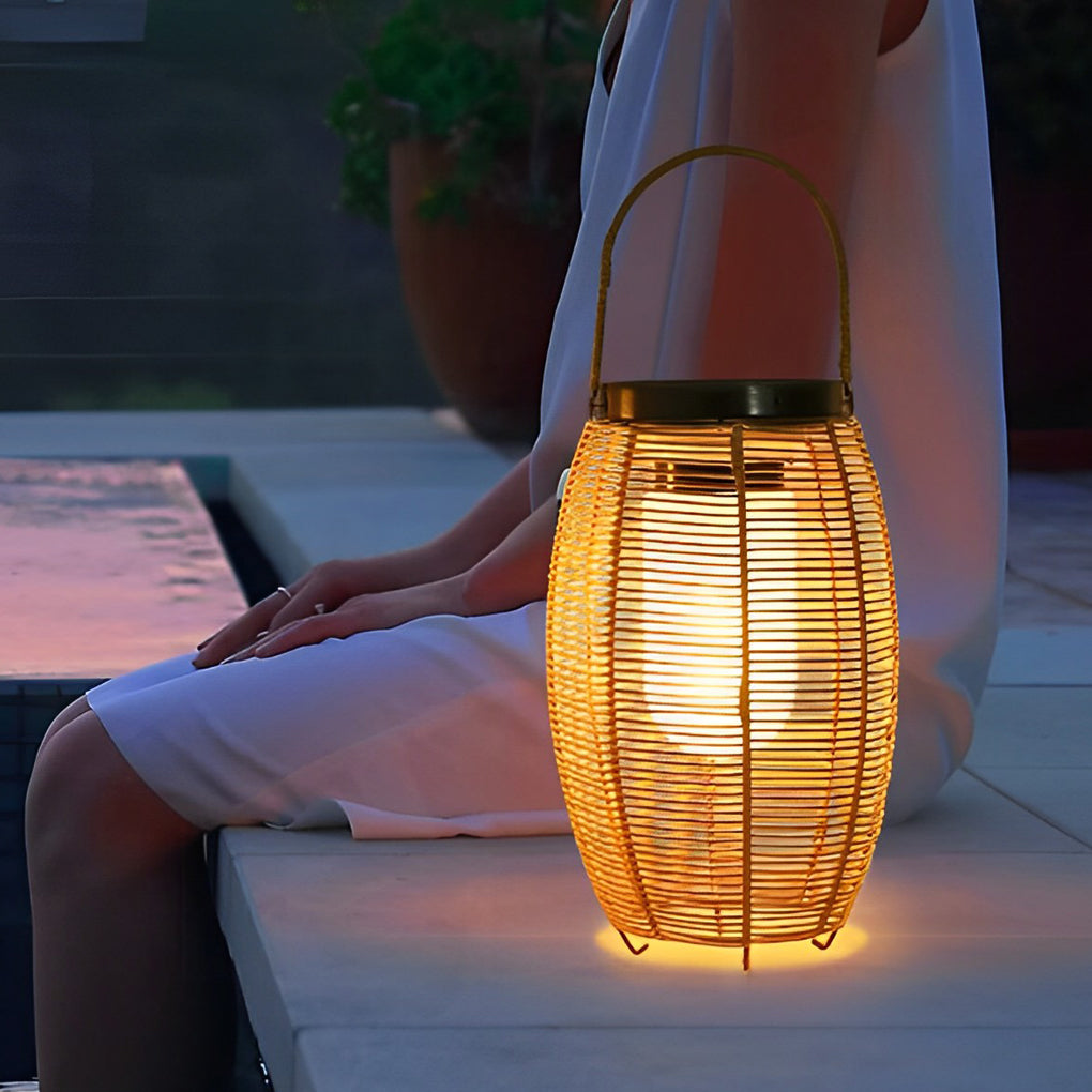 Portable Solar Rattan Lantern LED Outdoor Floor Lamp Waterproof