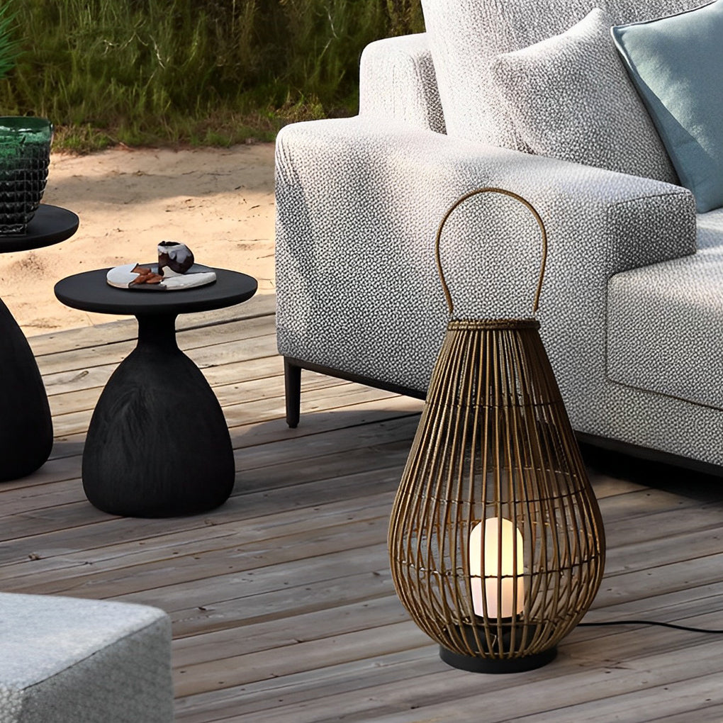 Handwoven Rattan Outdoor Lantern with Handle - Modern Floor Lamp