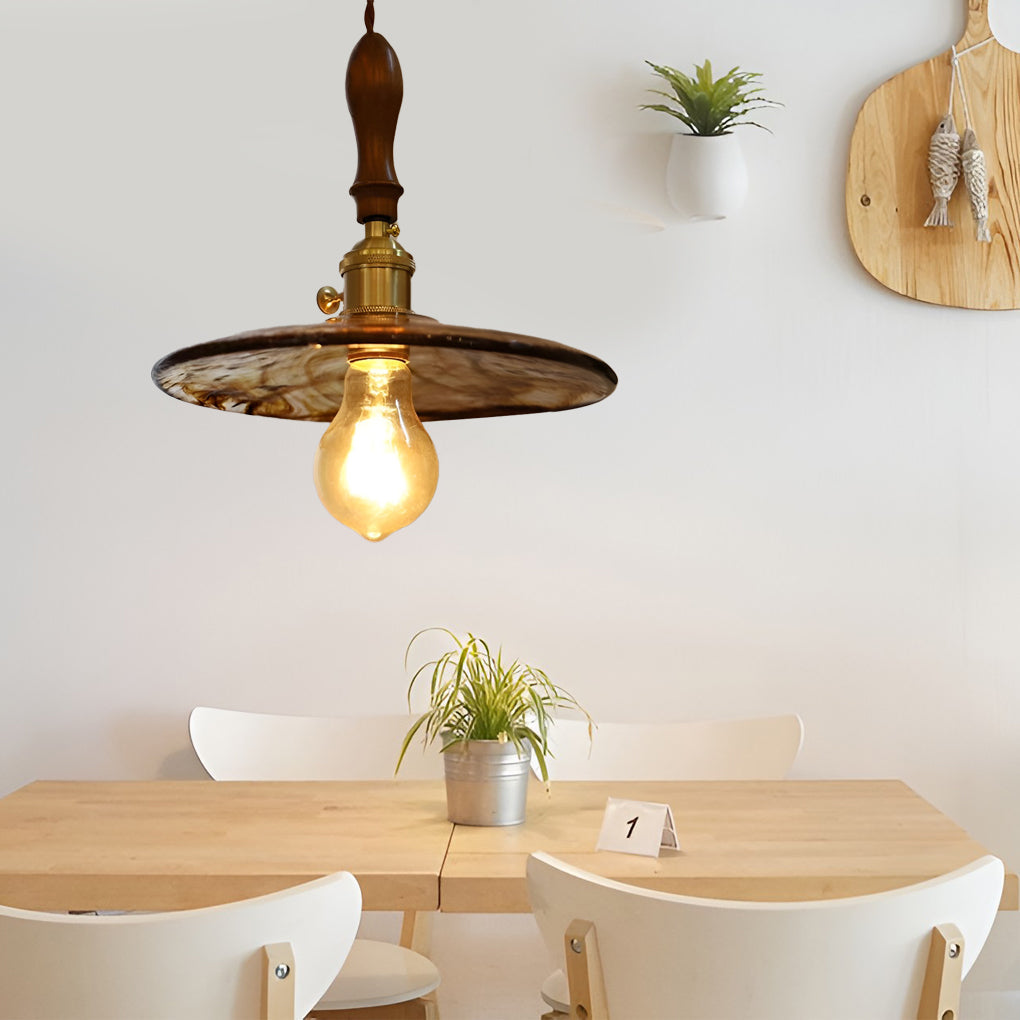 Vintage Glass Pendant Light with Brass Hardware and Wooden Detail