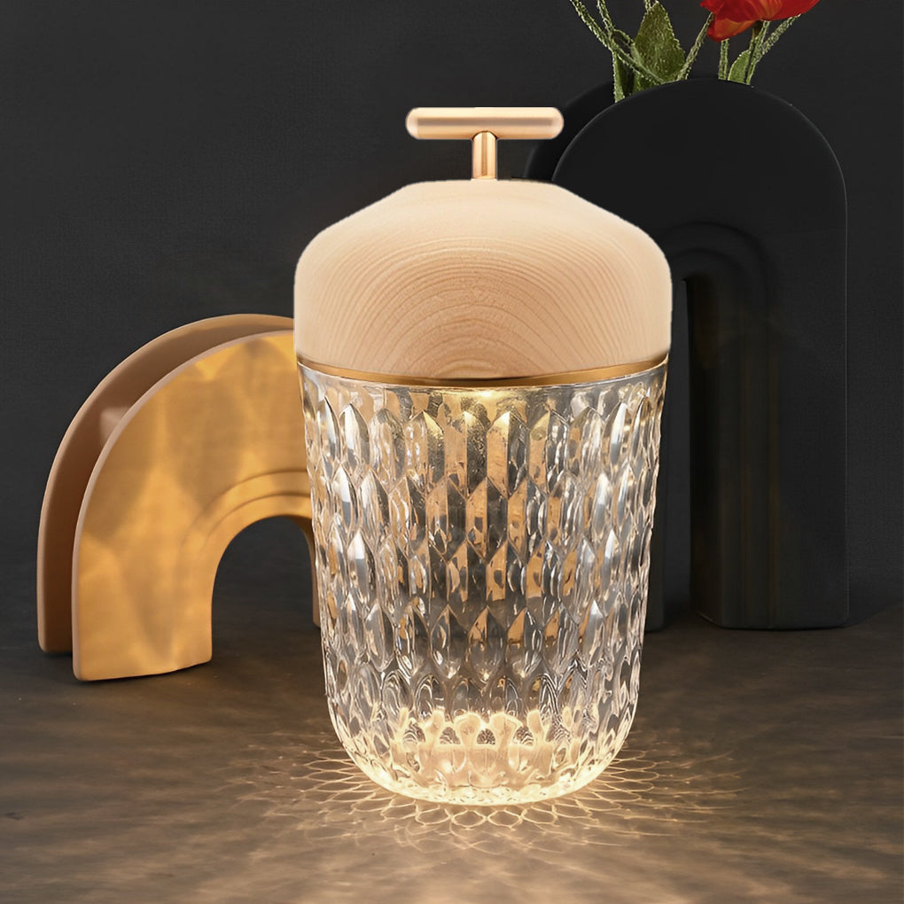 Crystal Glass Cup Table Lamp with Wooden Lid - Rechargeable LED