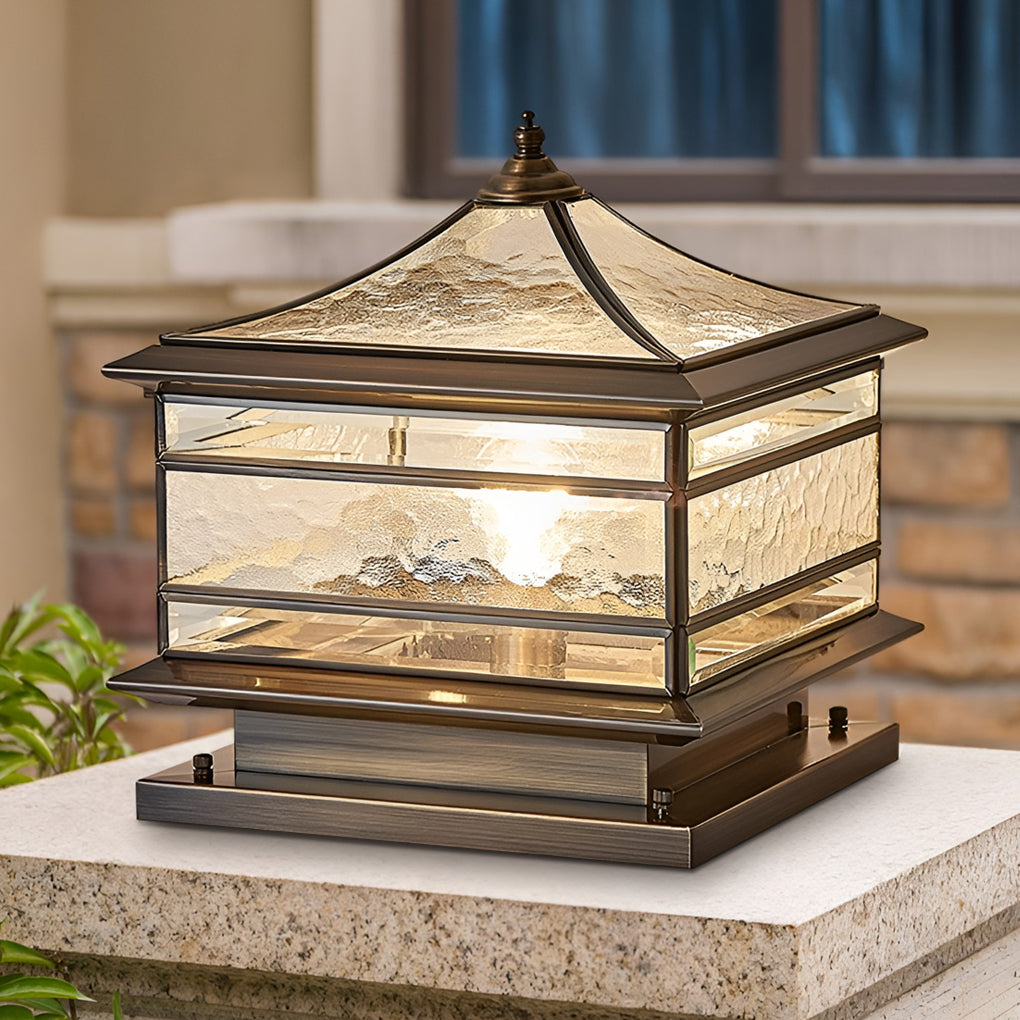 Vintage Copper Post Light with Tempered Glass Shade - Outdoor