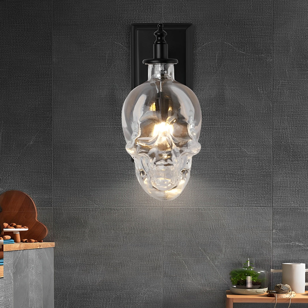Skull Head Glass Wall Sconce – Industrial Black Iron LED Lamp