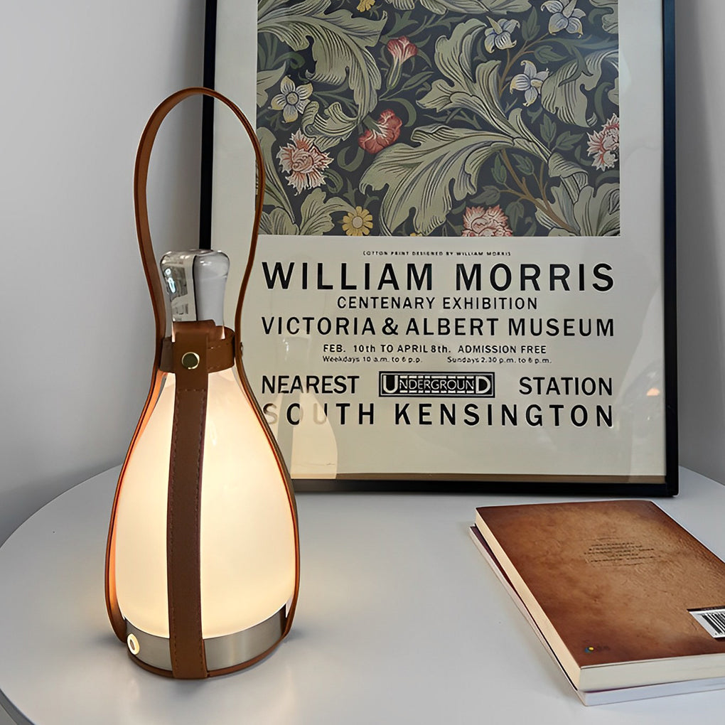 Mid-Century Cordless Lantern Table Lamp with Leather Handle