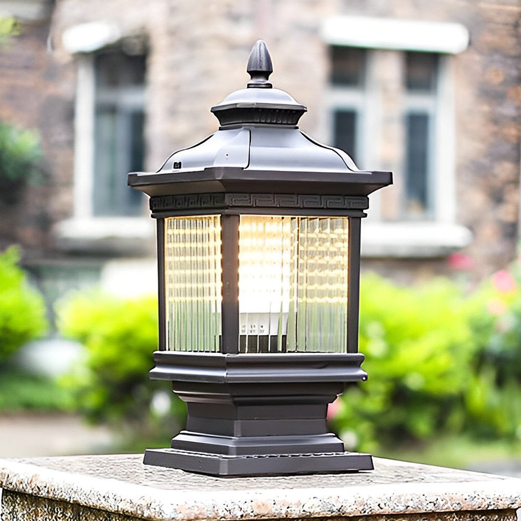 Retro Grille Glass Outdoor Solar Fence Post Light