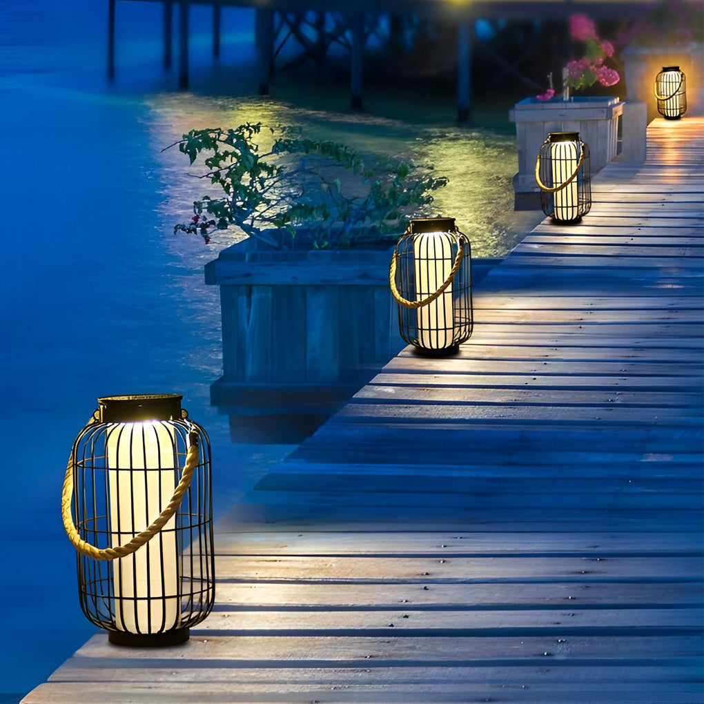 Solar Outdoor Lantern with Hemp Rope Handle - Waterproof LED Light