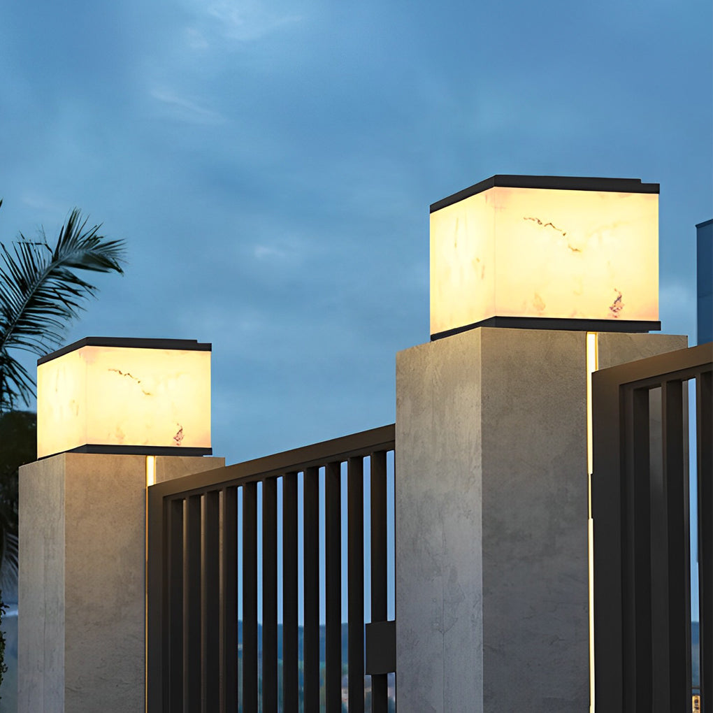 Square Marbled Solar Powered Fence Post Light - Modern Outdoor LED
