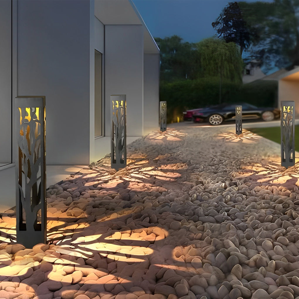 Solar-Powered Lawn Light with Hollow Branch Pattern - Stainless Steel