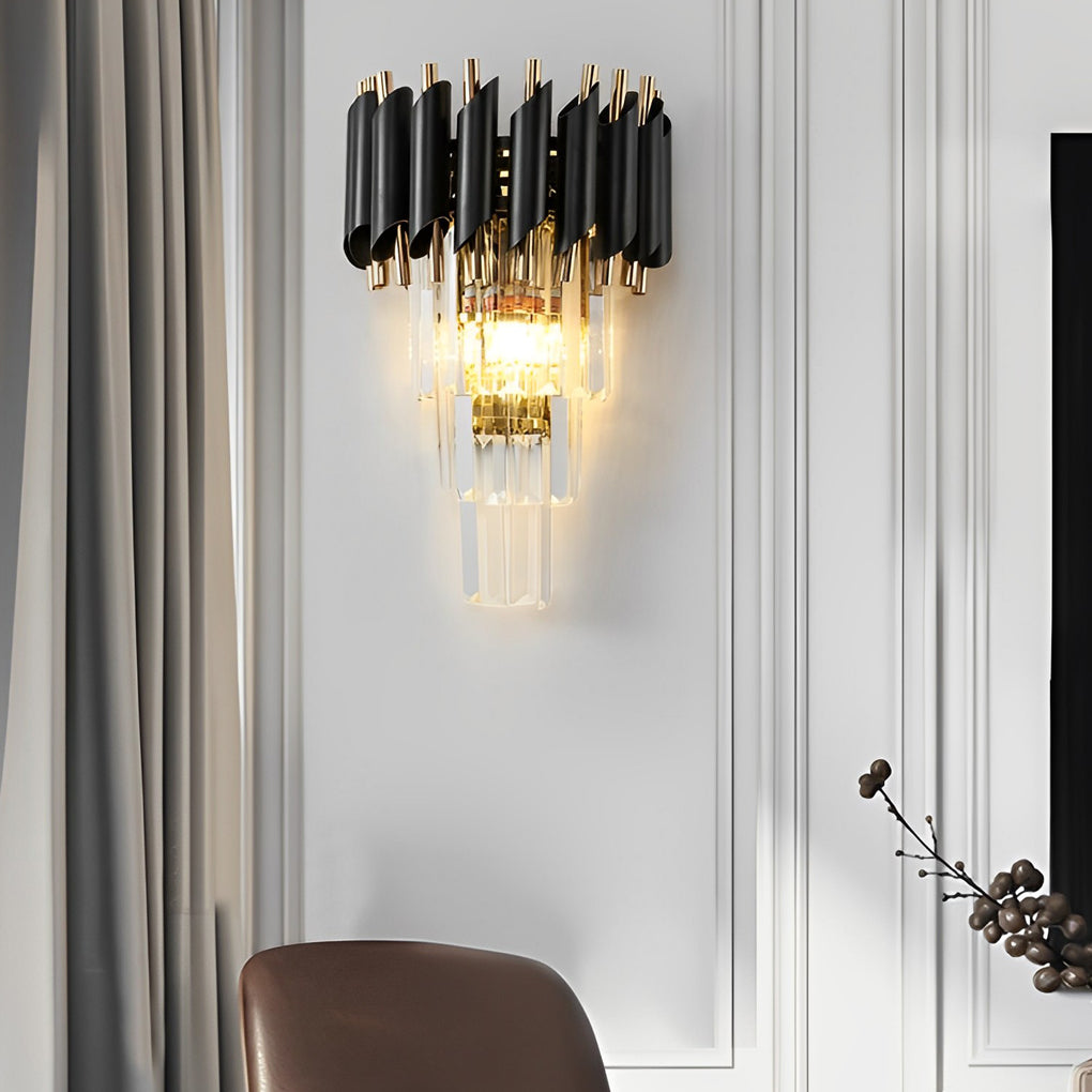 Crystal Metal Wall Sconce with Geometric Design – Gold & Black