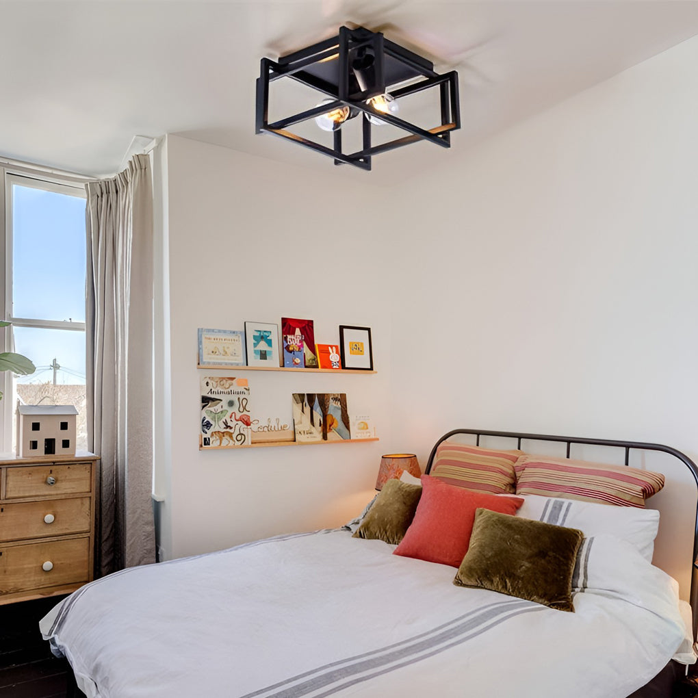 Square Iron Lantern Industrial Semi Flush Mount Ceiling Light
