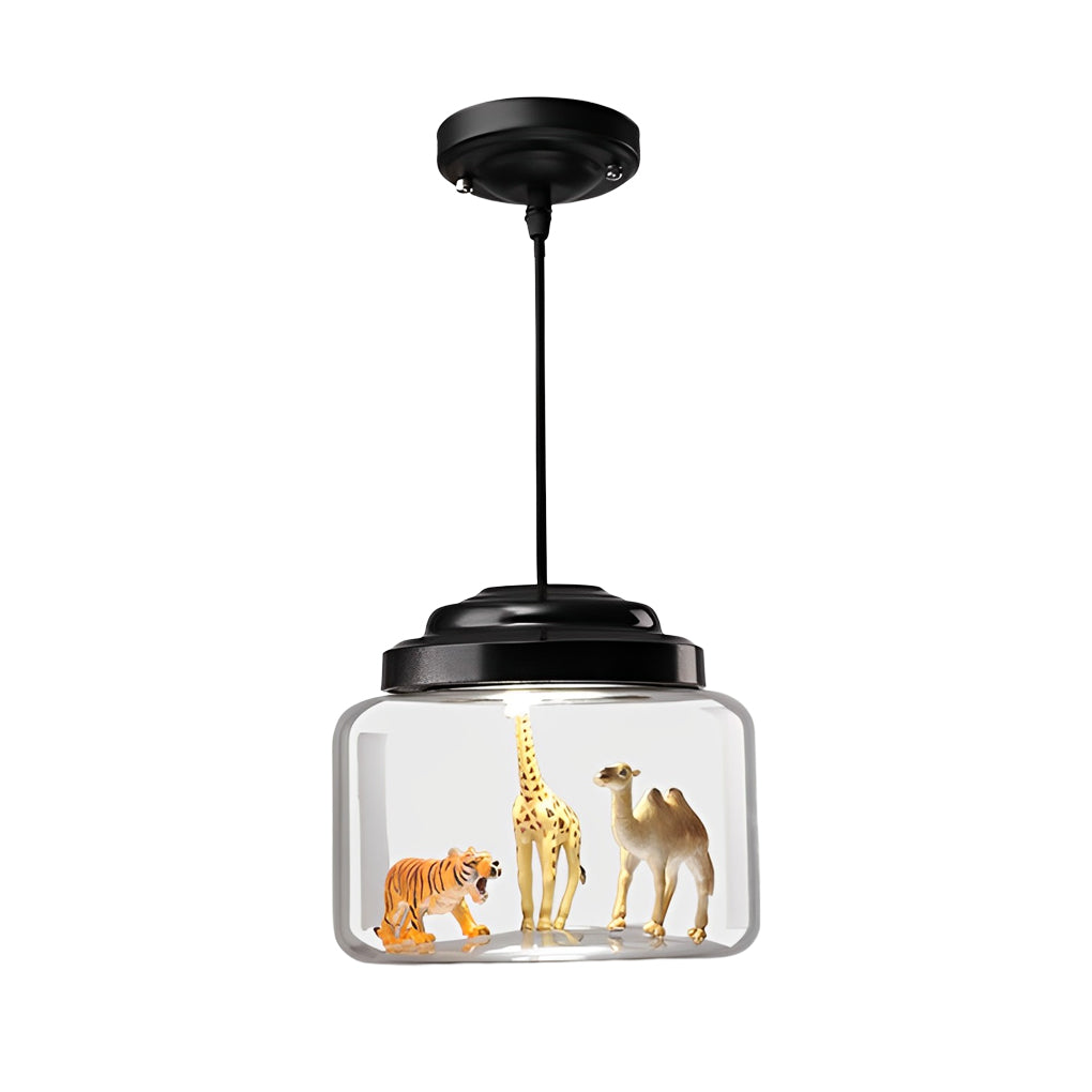 Animal Figurine Glass Jar LED Pendant Light - Modern Black
