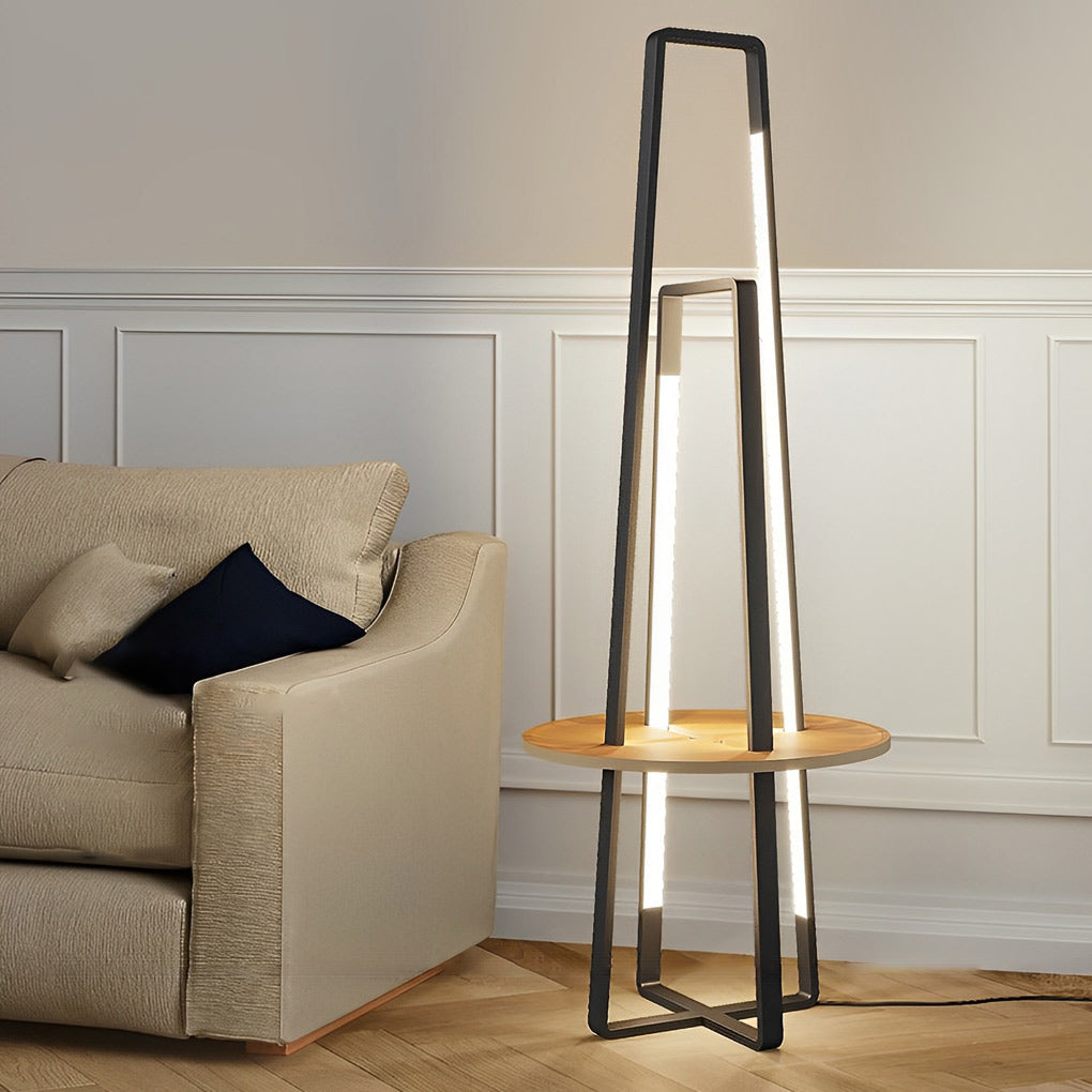 Modern LED Floor Lamp with Wooden Tray – 63" Tall Metal Stand