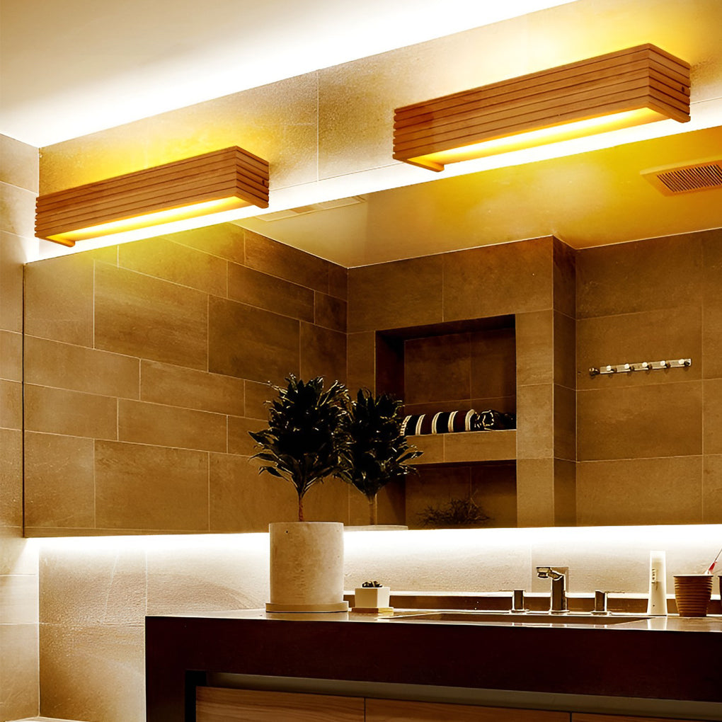 Wood Rectangular Waterproof LED Wall Sconce Mirror Light