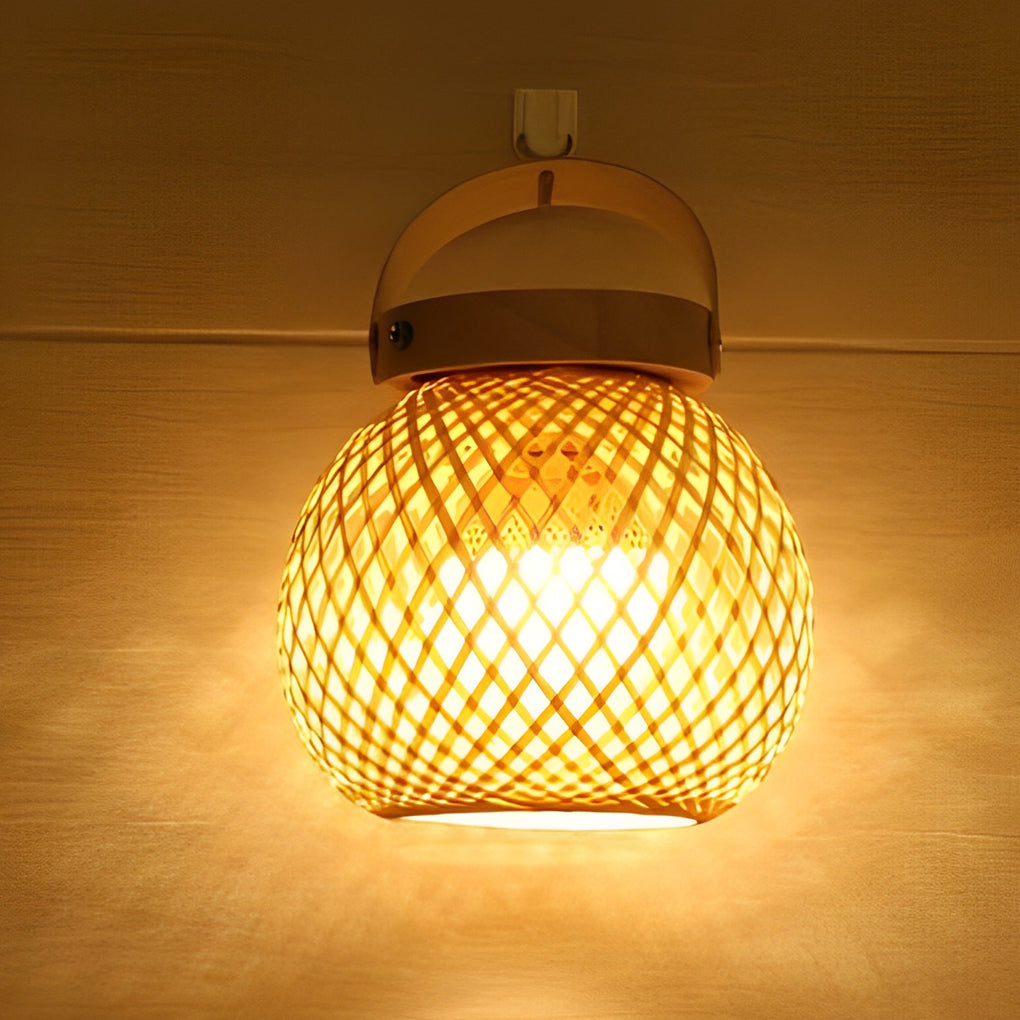 Rustic Woven Bamboo Portable Lantern Table Lamp with Handle