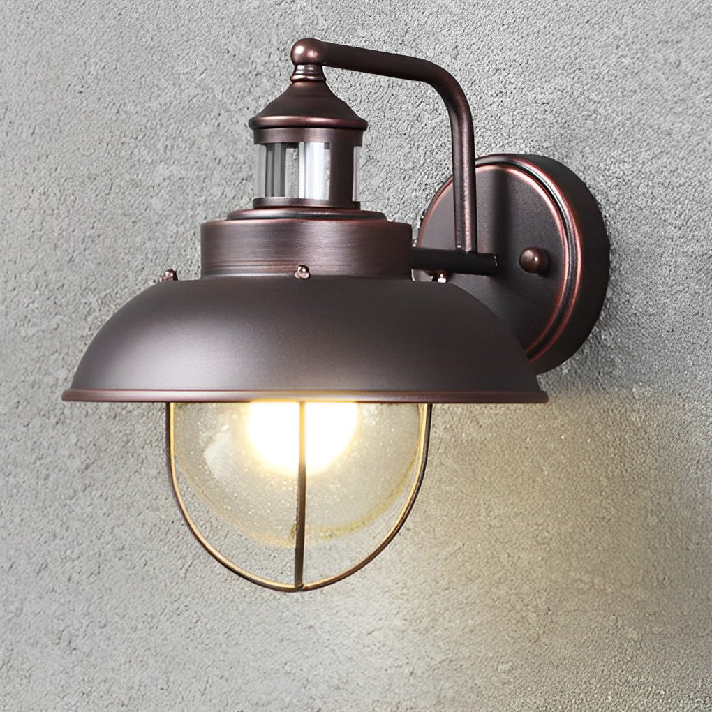 Nautical Black Metal Cage Seeded Glass Outdoor Wall Light