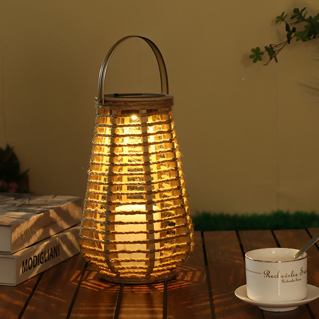 Rustic Rattan Solar Lantern – Portable Waterproof Outdoor LED Lamp