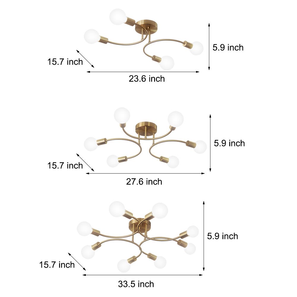 Modern Semi Flush Ceiling Light with Curved Arms & White Shades